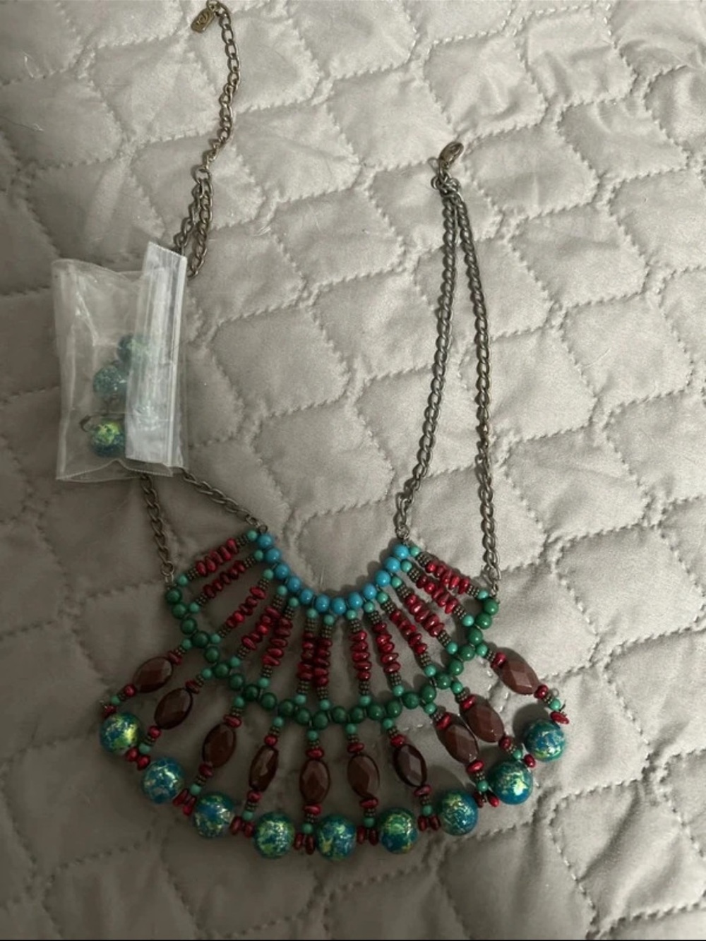 Boho Multicolor Beaded Statement Necklace - Turquoise, Green & Red
